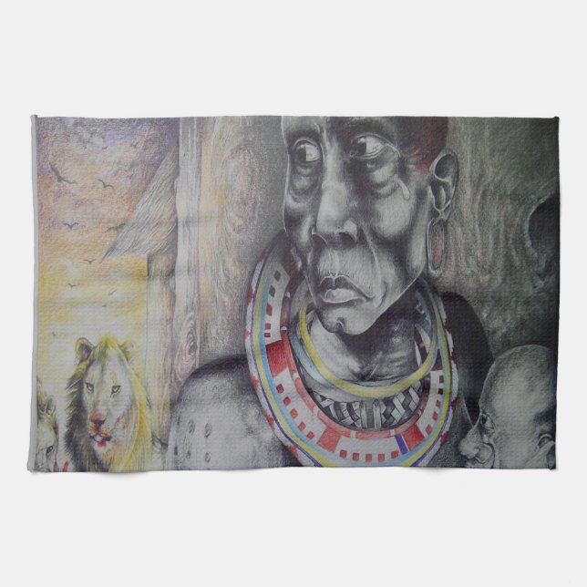 Maasai Mor och Child med Lejon Art Print Kökshandduk (Horisontell)