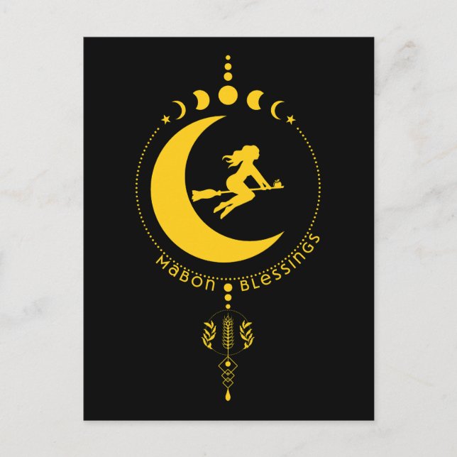 Mabon Blessings, häxa, måne, vete Vykort (Framsida)
