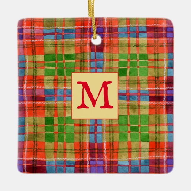 MAC RAE TARTAN Ceramic Square Ornament + Initial (Framsida)
