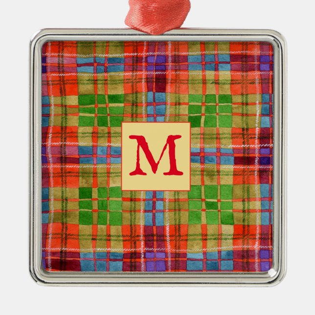MAC RAE TARTAN Glass Square Ornament + Initial (Framsidan)