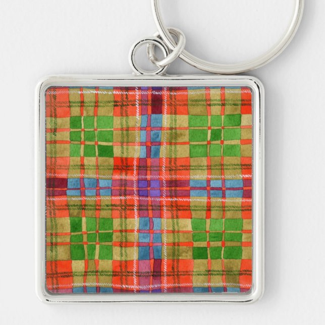 MAC RAE TARTAN Premium Square-nyckelkedja Fyrkantig Silverfärgad Nyckelring (Framsidan)