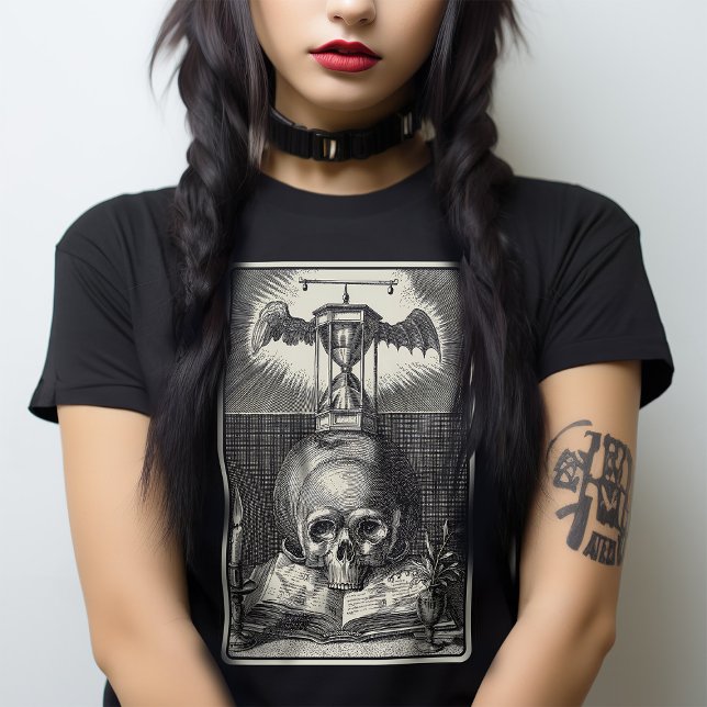 Macabre Skull Medieval Tarot Victorian Gothic T Shirt (A memento mori gothic t shirt design with all the elements of poignant gothic reflection.)