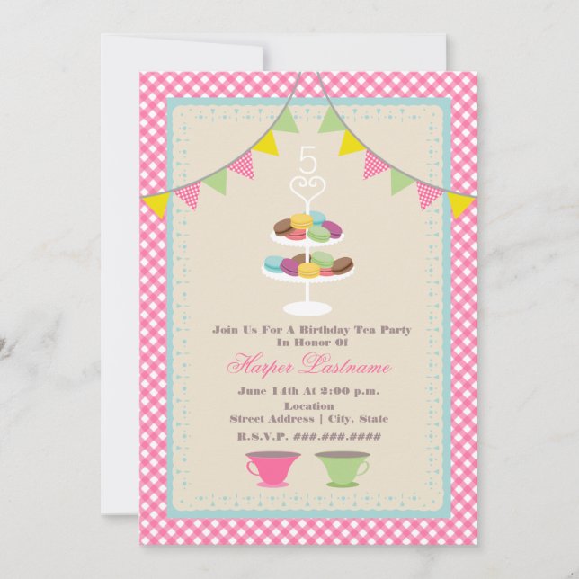 Macaron Birthday Tea Party bjudan Rosa Gingham Inbjudningar (Framsida)