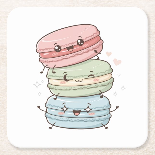 Macaron Söta Kawaii Coasters Underlägg Papper Kvadrat (Framsidan)