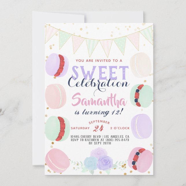 Macaron Sweet Firande Birthday Inbjudningar (Framsida)