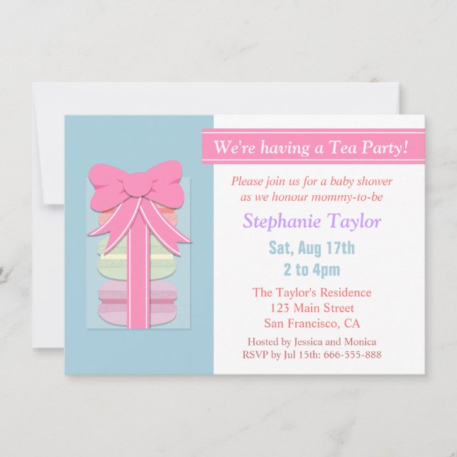 Macaron Tea Party Baby Shower, Blue och Rosa Inbjudningar (Framsida)