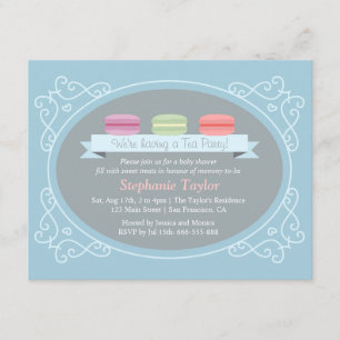 Macaron Tekalajfest för Baby Shower, Blå och Grå Inbjudningar