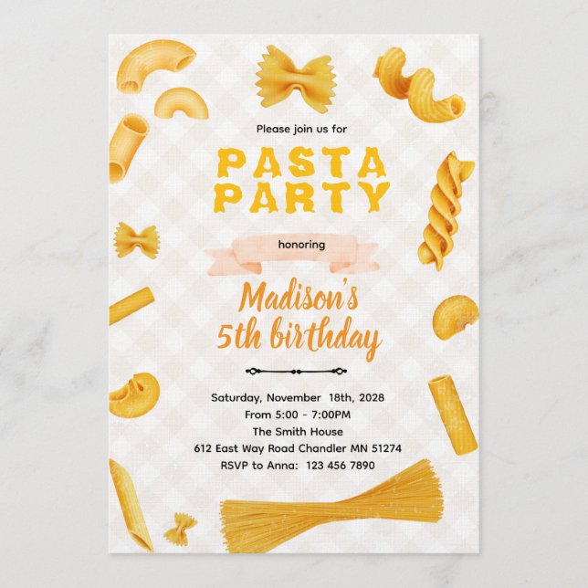 Macaroni Pasta Themed Birthday Invitation Inbjudningar (Framsida)