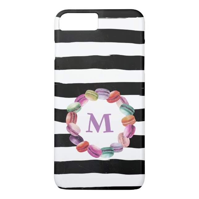 Macarons andningsmonogram Svartvit Rand Case-Mate iPhone Skal (Baksida)
