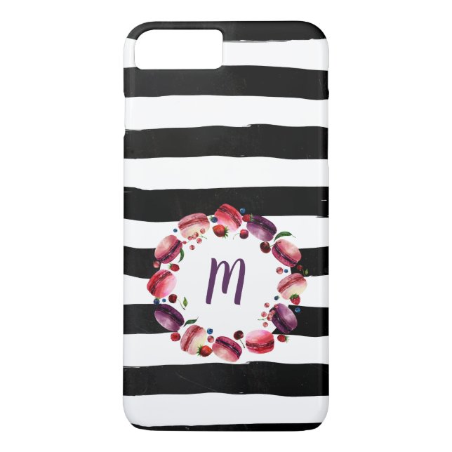 Macarons andningsmonogram Svartvit Rand Case-Mate iPhone Skal (Baksida)