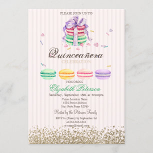 Macarons Falska Guld Diamanter Randiga Quinceañera Inbjudningar