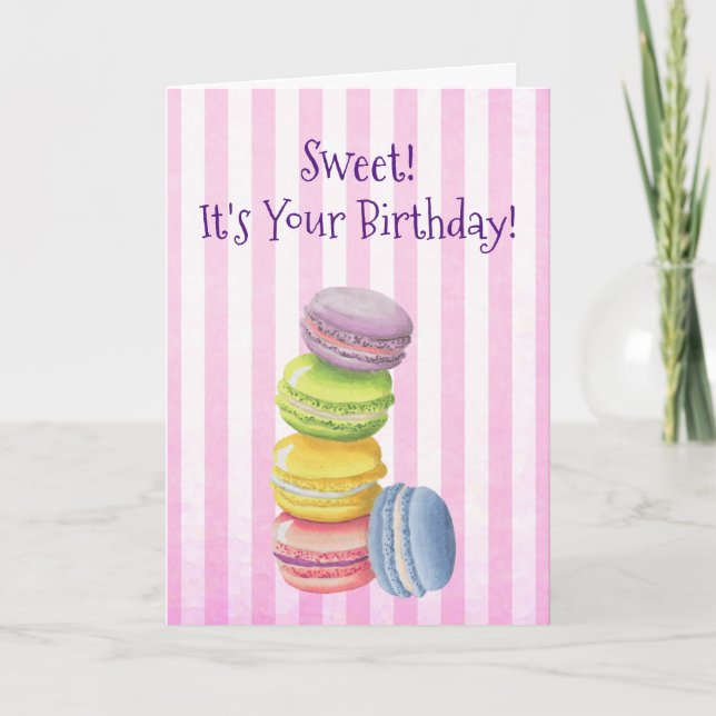 Macarons Fransk bakelse i akvarell Födelsedag Kort (Framsida)