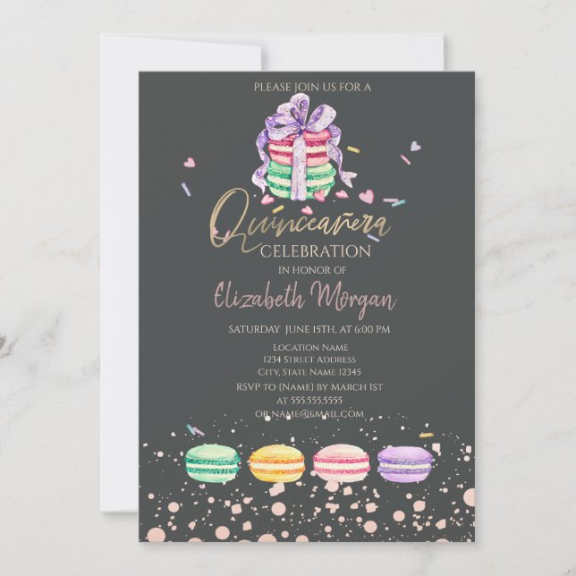 Macarons Konfettipunkter Quinceañera Inbjudningar (Framsida)