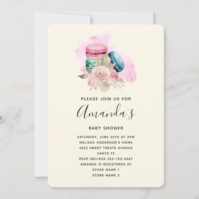Macarons och blommor Vattenfärg Bebis Babykalas Inbjudningar (Framsida)