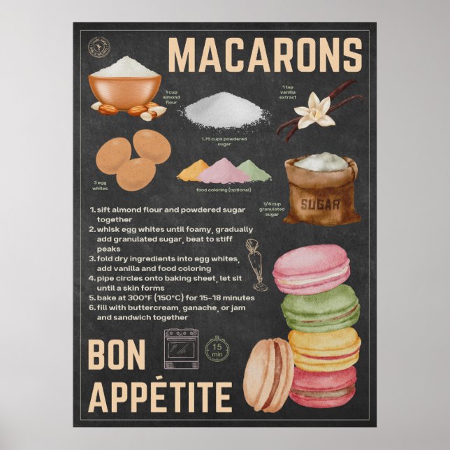 Macarons recept Chalkboard Kitchen Art Poster (Framsidan)
