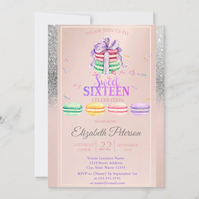 Macarons Silver Glitter Bokeh Sweet 16 Party Inbjudningar (Framsida)