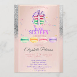 Macarons Silver Glitter Bokeh Sweet 16 Party Inbjudningar