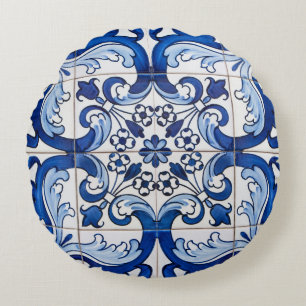 Macau Azulejo Tile Mönster Rund Kudde