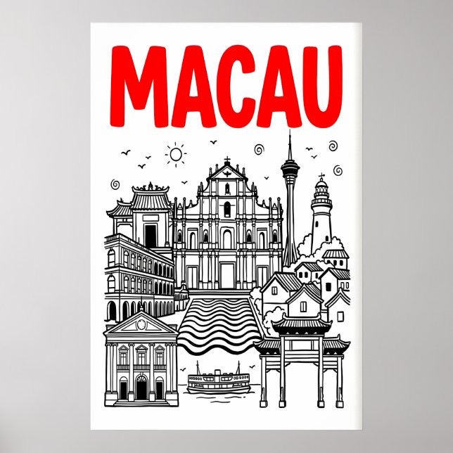 Macau Resemålning Affisch, Djärva Röda Silhuett, L Poster (Framsidan)