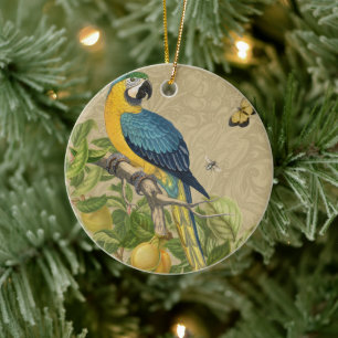 Macaw Blue Gult Tropical Jungle Antique Julgransprydnad Keramik