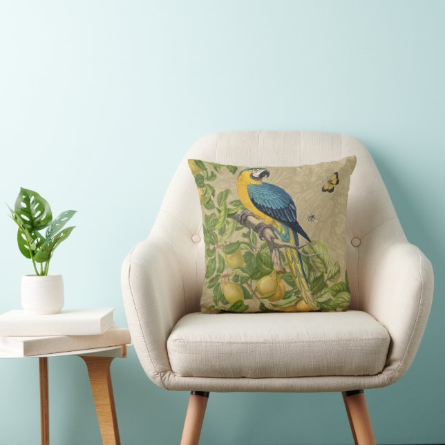 Macaw Blue Gult Tropical Jungle Antique Kudde (Stol)