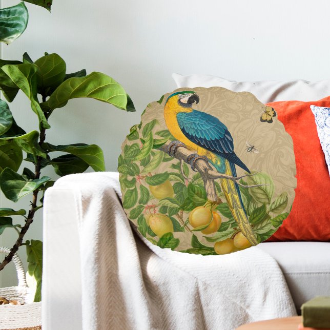 Macaw Blue Gult Tropical Jungle Antique Rund Kudde (Blue and Yellow Macaw)