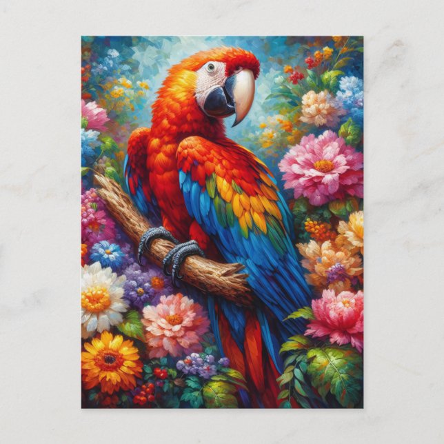Macaw med färgade blommor vykort (Framsida)