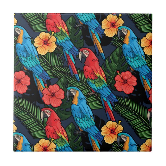 Macaw och Hibiscus Mönster Kakelplatta (Framsidan)