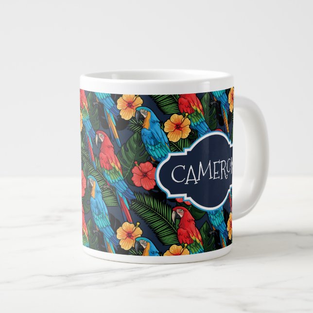 Macaw och Hibiscus Mönster| Lägg till ditt namn Jumbo Mugg (Framsida höger)