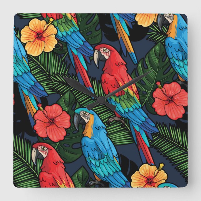 Macaw- och hibiskusmönster fyrkantig klocka (Framsida)