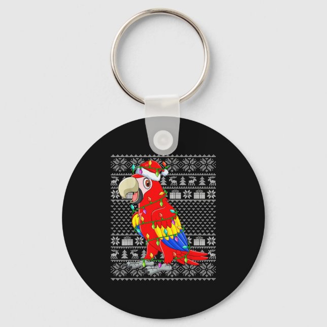 Macaw Parrot Christmas Lights Ugly Sweater Funny B Nyckelring (Framsida)