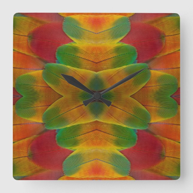 Macaw parrot fjäder kaleidoskop fyrkantig klocka (Framsida)