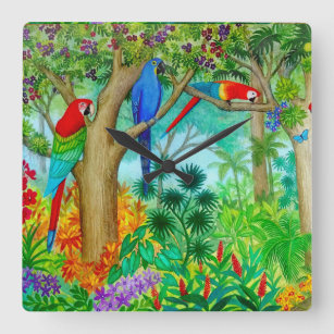 Macaw Parrot Jungle Art Wall Clock Fyrkantig Klocka