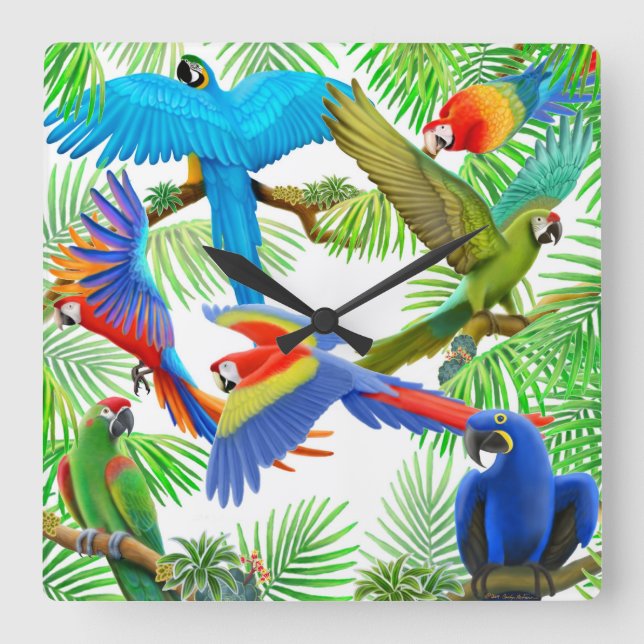 Macaw Parrot Jungle Wall Clock Fyrkantig Klocka (Framsida)