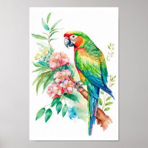 Macaw Parrot-väggkonst med tropiska blommor skrive Poster