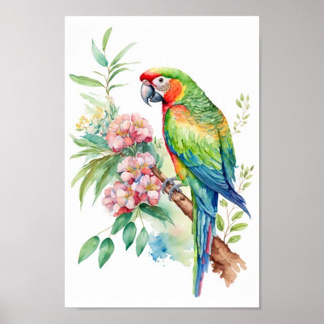 Macaw Parrot-väggkonst med tropiska blommor skrive Poster (Framsidan)