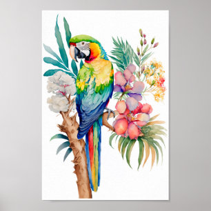 Macaw Parrot-väggkonst med tropiska blommor skrive Poster