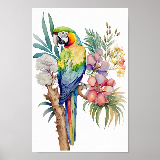 Macaw Parrot-väggkonst med tropiska blommor skrive Poster (Framsidan)