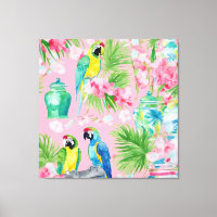 Macaw-parroter och chinoiserie burk på mjuk rosa