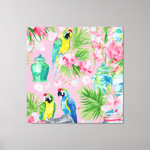 Macaw-parroter och chinoiserie burk på mjuk rosa canvastryck