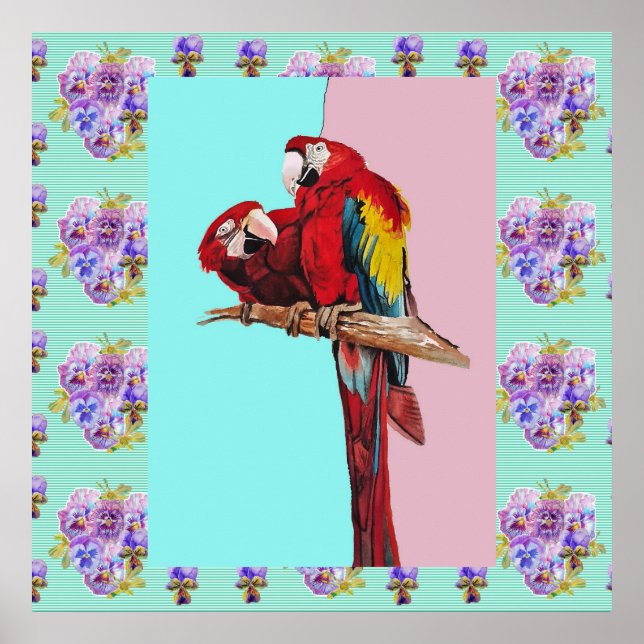 Macaw Watercolor Bird Painting Aqua Rosa Poster (Framsidan)