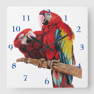 Macaw Watercolor Parrot Bird Childrens Room Clock Fyrkantig Klocka