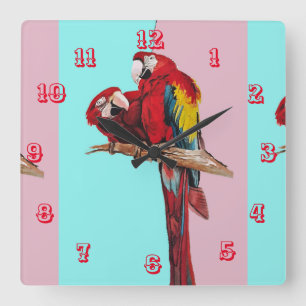 Macaw Watercolor Parrot Bird Childrens Room Clock Fyrkantig Klocka