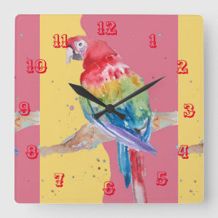Macaw Watercolor Parrot Bird Childrens Room Clock Fyrkantig Klocka