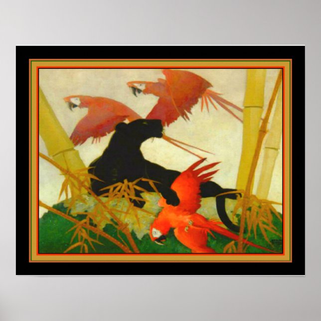 "Macaws & Panther" Stark Davis Art Deco-utskrift Poster (Framsidan)