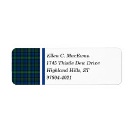 MacEwan Klan Royal Blue och Grönt Scottish Tartan Returadress Etikett