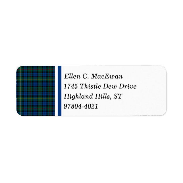 MacEwan Klan Royal Blue och Grönt Scottish Tartan Returadress Etikett (Framsidan)