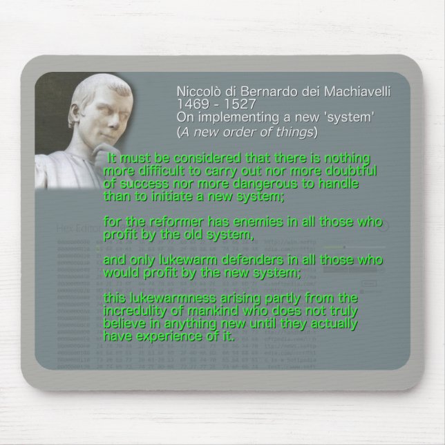 Machiavelli citationstecken på att genomföra en ny musmatta (Framsidan)