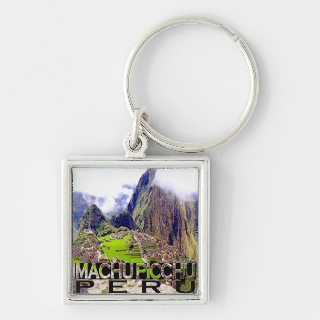 Machu Picchu Fyrkantig Silverfärgad Nyckelring (Framsidan)