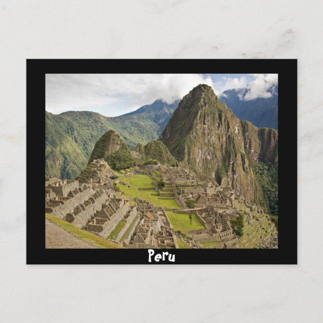 Machu Picchu, intill en stad i Peru, svart vykort (Framsida)